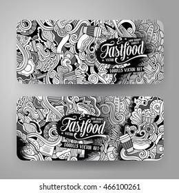 Cartoon cute line art vector hand drawn doodles fast food corporate identity. 2 horizontal banners design. Templates set