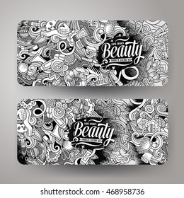 Cartoon cute line art vector hand drawn doodles cosmetic corporate identity. 2 horizontal beauty banners design. Templates set
