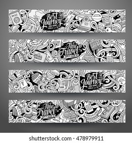 Cartoon cute line art vector hand drawn doodles travel corporate identity. 4 horizontal journey banners design. Templates set