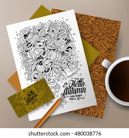 Cartoon cute line art vector hand drawn doodles Autumn corporate identity set. Templates design of business card, flyers, posters, papers on the table.