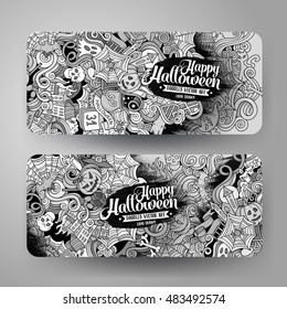 Cartoon cute line art vector hand drawn doodles Halloween corporate identity. 2 horizontal banners design. Templates set