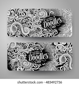 Cartoon cute line art vector hand drawn doodles curls, swirls corporate identity. 2 horizontal banners design. Templates set