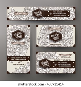 Cartoon cute line art vector hand drawn doodles mexican food corporate identity set. Templates design of banners, id cards, flayer