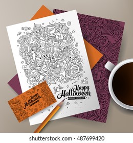 Cartoon cute line art vector hand drawn doodles Halloween corporate identity set. Templates design of business card, flyers, posters, papers on the table.