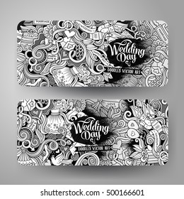 Cartoon cute line art vector hand drawn doodles wedding corporate identity. 2 horizontal banners design. Templates set