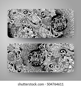 Cartoon cute line art vector hand drawn doodles Honey corporate identity. 2 horizontal banners design. Templates set
