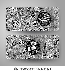 Cartoon cute line art vector hand drawn doodles winter season corporate identity. 2 horizontal banners design. Templates set