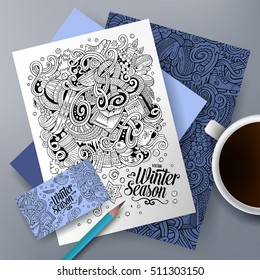Cartoon cute line art vector hand drawn doodles Winter corporate identity set. Templates design of business card, flyers, posters, papers on the table