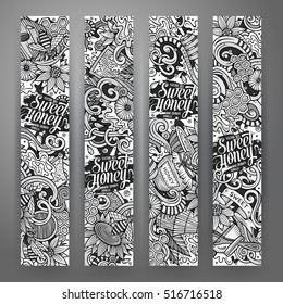 Cartoon cute line art vector hand drawn doodles Honey corporate identity. 4 vertical banners design. Templates set