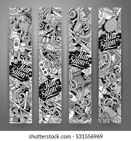 Cartoon cute line art vector hand drawn doodles Hair salon corporate identity. 4 vertical banners design. Templates set