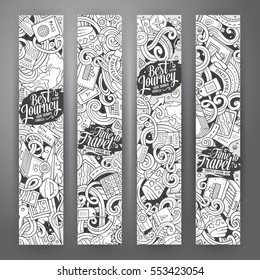 Cartoon Cute Line Art Vector Hand Drawn Doodles Travel Corporate Identity. 4 Vertical Journey Banners Design. Templates Set