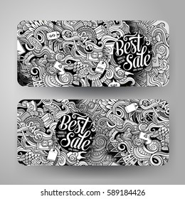 Cartoon cute line art vector hand drawn doodles Sale corporate identity. 2 horizontal banners design. Templates set
