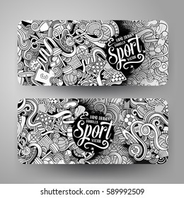 Cartoon Cute Line Art Vector Hand Drawn Doodles Sport Corporate Identity. 2 Horizontal Banners Design. Templates Set