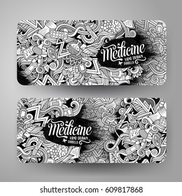 Cartoon cute line art vector hand drawn doodles Medical corporate identity. 2 horizontal banners design. Templates set