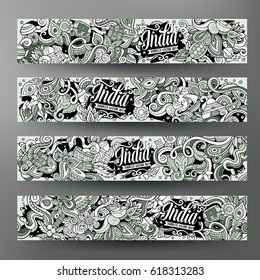 Cartoon cute line art vector hand drawn doodles India corporate identity. 4 horizontal banners design. Templates set
