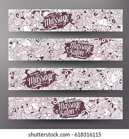 Cartoon cute line art vector hand drawn doodles Massage salon corporate identity. 4 horizontal banners design. Templates set