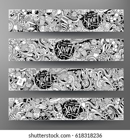 Cartoon cute line art vector hand drawn doodles Sport corporate identity. 4 horizontal banners design. Templates set