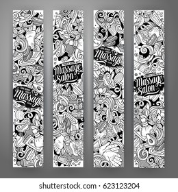 Cartoon cute line art vector hand drawn doodles Massage salon corporate identity. 4 vertical banners design. Templates set