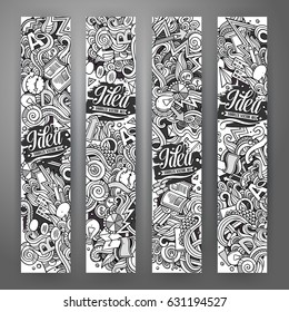 Cartoon cute line art vector hand drawn doodles Idea corporate identity. 4 vertical banners design. Templates set