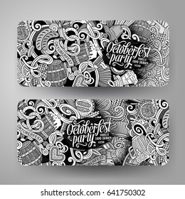Cartoon cute line art vector hand drawn doodles Octoberfest corporate identity. 2 banners design. Templates set
