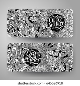 Cartoon cute line art vector hand drawn doodles Aautomobile corporate identity. 2 horizontal banners design. Templates set