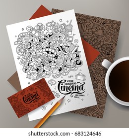 Cartoon cute line art vector hand drawn doodles cinema movie corporate identity set. Templates design of business card, flyers, posters, papers on the table