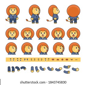 Cartoon cute lion in blue suit creation kit. Create your own pose, action, animation. Vector illustration