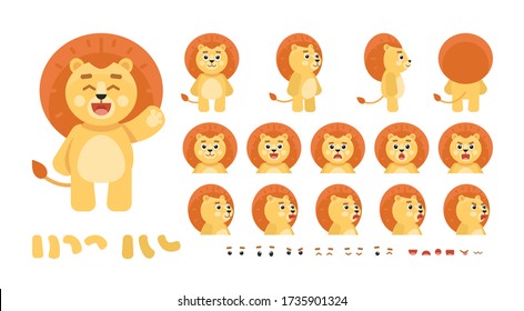 Cartoon cute lion character creation kit. Create your own pose, action, animation. Vector illustration