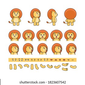 Cartoon cute lion character creation kit. Create your own pose, action, animation. Vector illustration