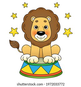 Cartoon cute lion in circus. Animals. Colorful vector illustration for kids.