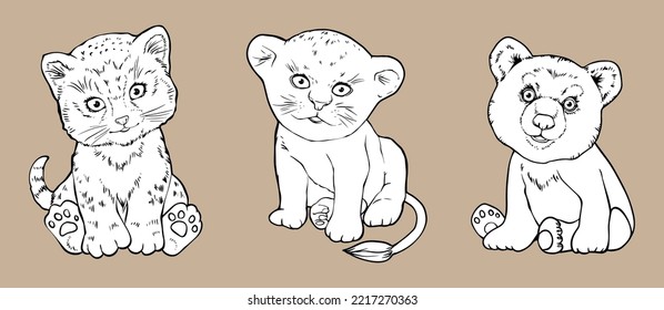 Cartoon Cute Lion Cub, Bear Cub, Snow Leopard. Vector Hand Drawn Black And White. For Vintage Scrapbooking, Illustrations, Coloring Books. 