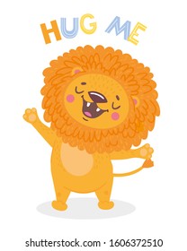 Cartoon Cute Lion. Hug Me. Isolated Objects. Vector Illustration. Kids Print

