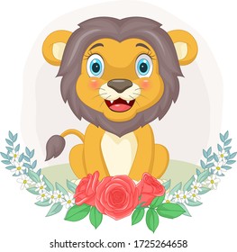Cartoon cute lion sitting with flowers background