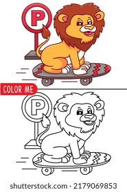 cartoon cute lion skateboarding coloring page or book for kids