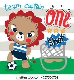 Cartoon cute lion soccer player with soccer ball on field on striped background illustration vector.