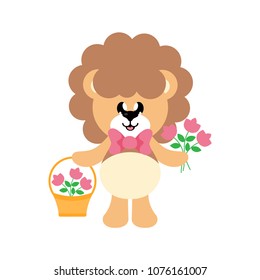 cartoon cute lion with tie with flowers and basket