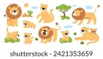 Cartoon cute lions. Funny wild animals pride. King of beasts. Lionesses with cubs. Predators of feline family. Jungle mammals. Savannah tree. Safari carnivore cats