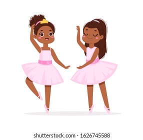 Cartoon cute little African American ballerinas with various hairstyles in pink tutu dresses. Ballet dancers in different poses, baby princess characters training in school class. Vector Illustration