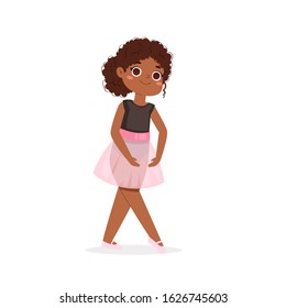 Cartoon cute little African American ballerina with pretty black hair in pink tutu dress. Ballet dancer in elegant pose, baby princess character. Vector Illustration card, poster design, banner, web