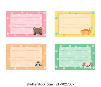 Cartoon cute little animal sticky notes. Memo, sticker, label empty for text. Little animal to do list card. Isolated on white background, vector, illustration, EPS10