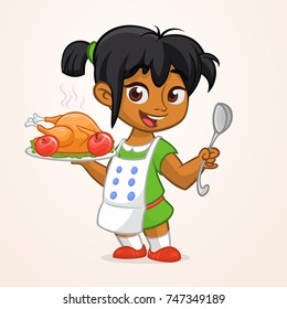 Cartoon cute little arab or afro-american girl in apron serving roasted thanksgiving turkey dish holding a tray and spoon. Vector illustration isolated. Thanksgiving design