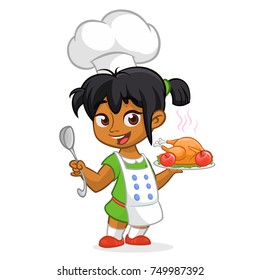 Cartoon cute little arab or afro-american girl in apron serving roasted thanksgiving turkey dish holding a tray and spoon. Vector illustration isolated. Thanksgiving design