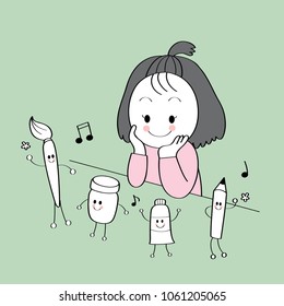 Cartoon cute little art Supplies, Paintbrush poster color watercolor  pencil dancing funny and pretty girl looking  them happily on green background vector.