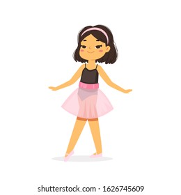 Cartoon cute little Asian ballerina girl with pretty black hair in pink tutu dress. Ballet dancer in elegant pose, baby princess character. Vector Illustration card, poster design, banner, web