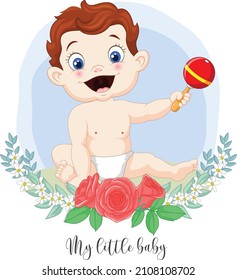 Cartoon cute little baby boy with musical toy