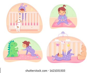 Cartoon cute little baby in different situations vector scenes set. Infant playing with puppy mobile toys, soft dragon and teddy bear, beanbag in flat bed. Newborn boy or girl illustration