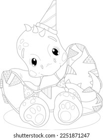 Cartoon cute little baby dinosaur with dirthday garland sketch template. Vector illustration of dino in black and white for games, background, pattern, decor. Coloring paper, page, story book, print