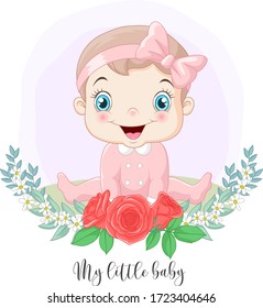 Cartoon cute little baby girl with flowers background