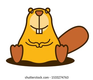 Cartoon cute little beaver character with big tail sitting on ground. - vector mascot character