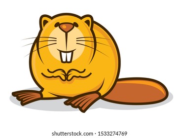 Cartoon cute little beaver character with big teeth smiling - vector mascot character